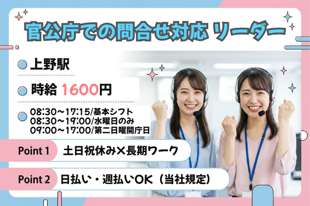 官公庁での問合せ対応 リーダー/土日祝休み/時給1600円のメイン画像